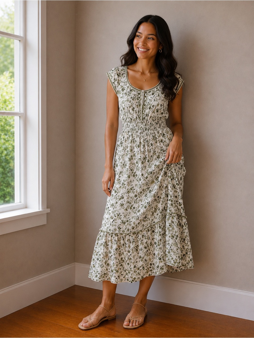 Max Studio Women's Floral Tiered Midi Dress in Light Green